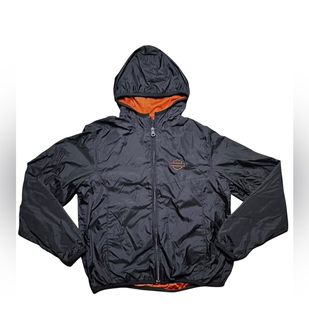 Harley-Davidson Hooded Windbreaker Jacket Men’s Large Black Orange